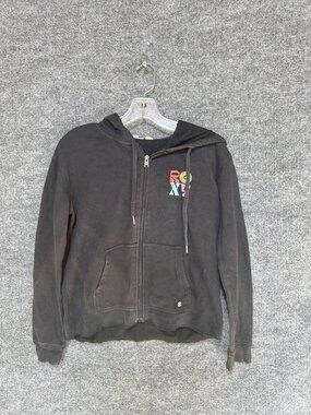 Roxy Hoodie Womens Small Black Full Zip Fleece Sweatshirt Back ROXY Graphic